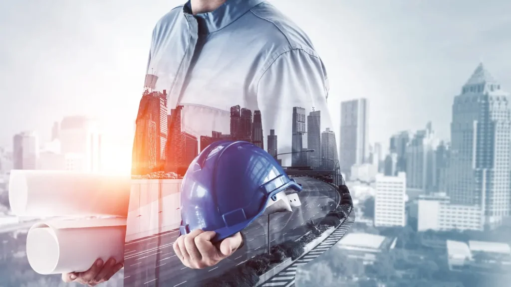 Engineer holding a hard hat and rolled drawings, overlaid with a city skyline