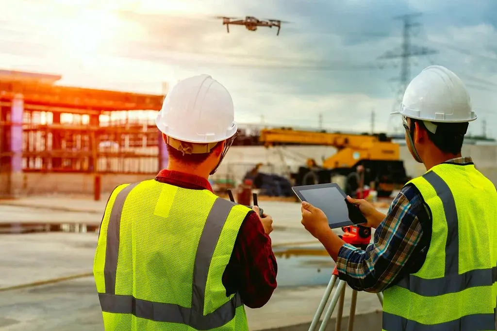 Two site engineers in high-visibility vests with a tablet and surveying equipment