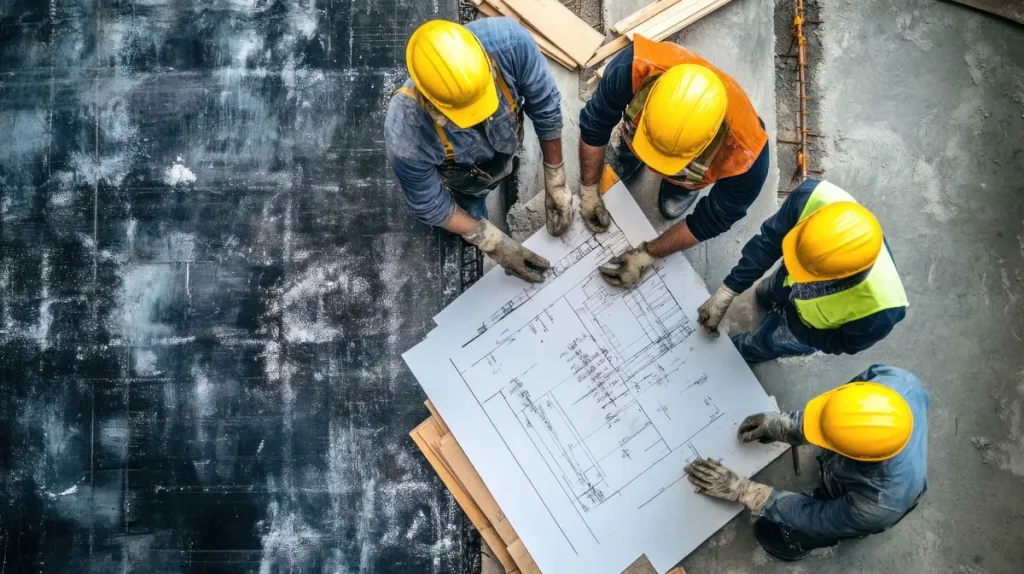 Site engineers in hard hats reviewing construction drawings together