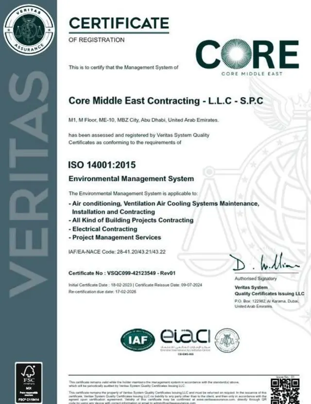 ISO 14001:2015 Environmental Management System certificate issued to Core Middle East Contracting