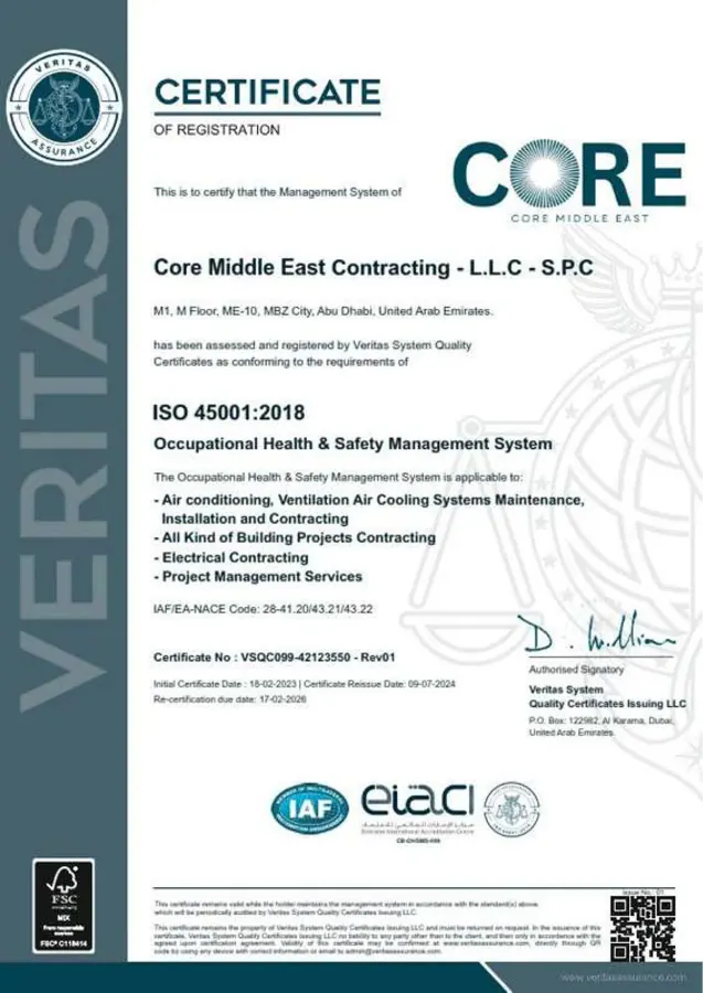 ISO 45001:2018 Occupational Health & Safety Management System certificate issued to Core Middle East Contracting