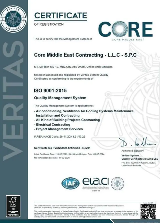 ISO 9001:2015 Quality Management System certificate issued to Core Middle East Contracting