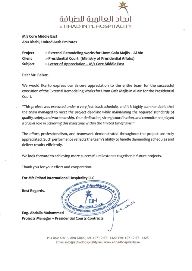 Letter of appreciation from Etihad International Hospitality LLC for External Remodeling Works for Umm Gafa Majlis, Al Ain