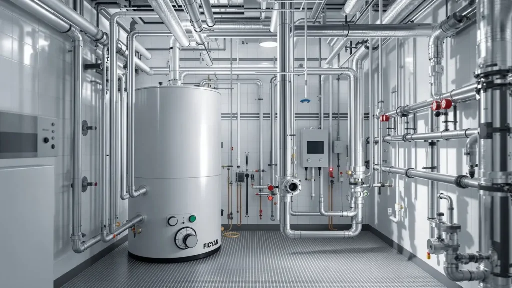 Hot water calorifier with pump sets and piping in a plant room