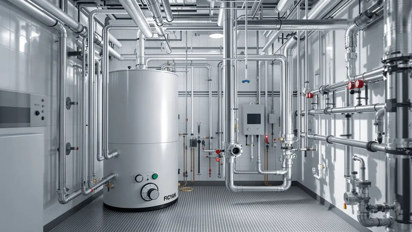 Hot water calorifier with pump sets and piping in a plant room