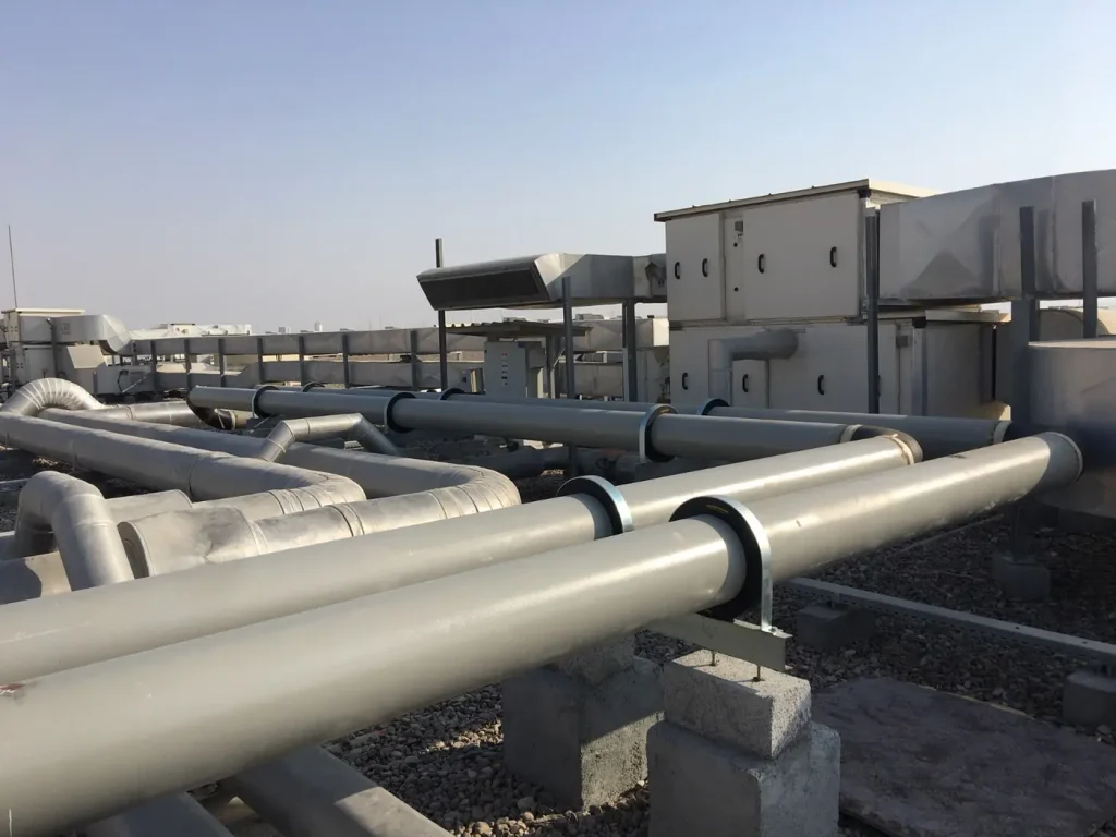 Insulated chilled water pipework outside the MPC Factory, NFPC