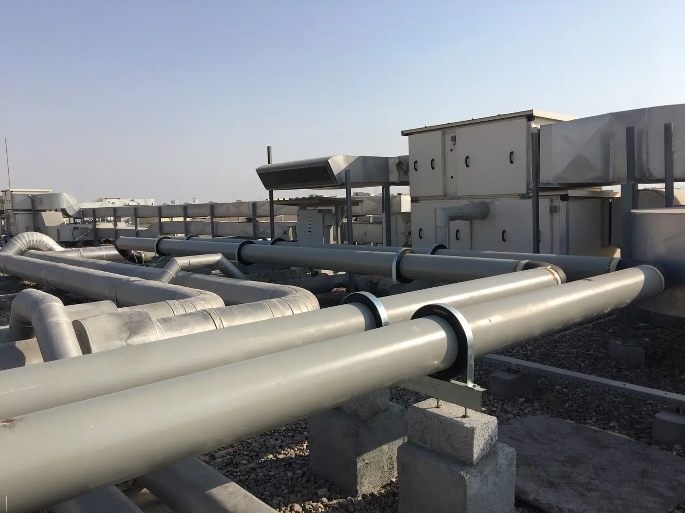 Insulated chilled water pipework outside the MPC Factory, NFPC