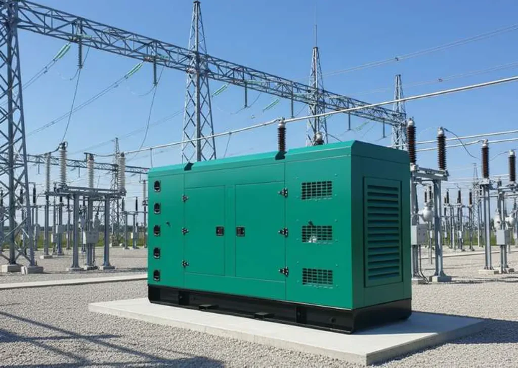 Generator set beside electrical substation equipment