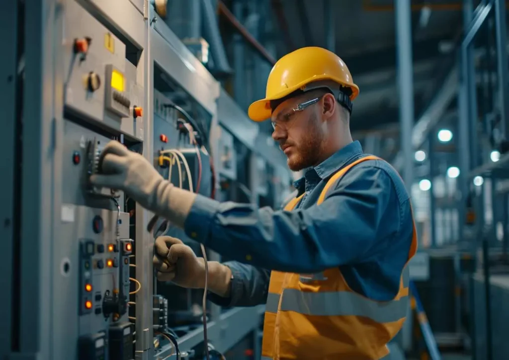 Electrician in a hard hat operating an electrical control panel