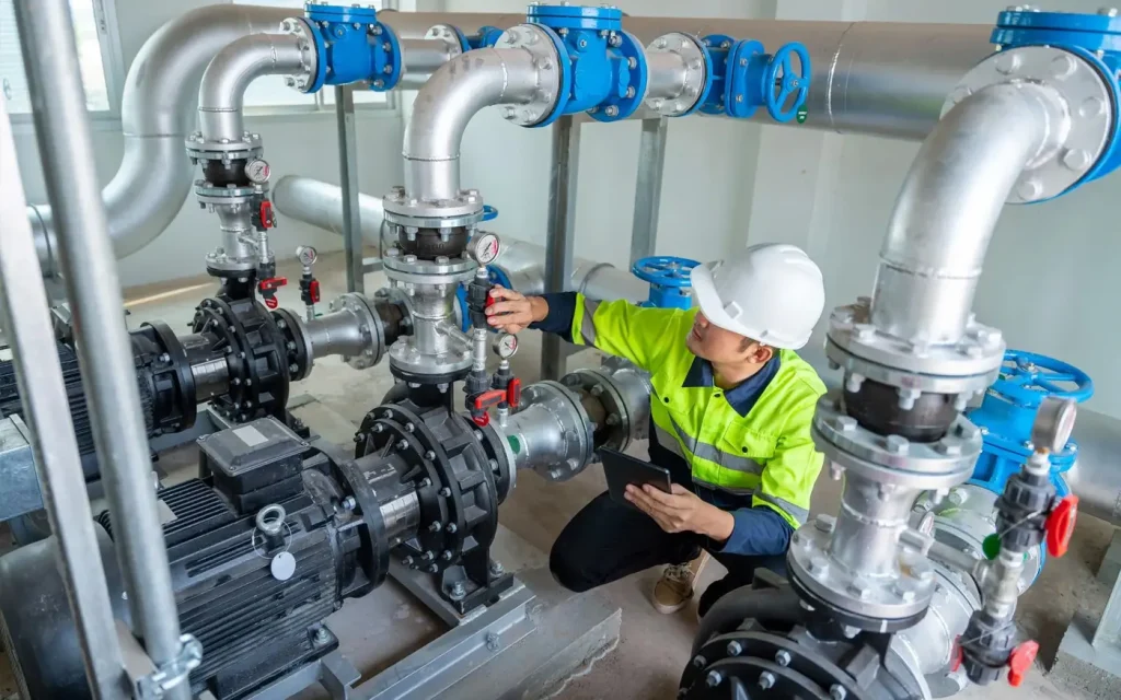 Technician checking industrial pumps and large pipework in a plant room